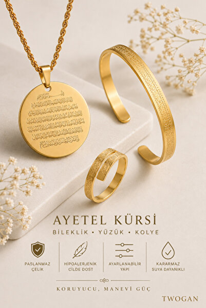 TWOGAN Ayetel Kürsi Kolye, Bileklik ve Yüzük Seti – Kararmaz Çelik Gold Renk ...
