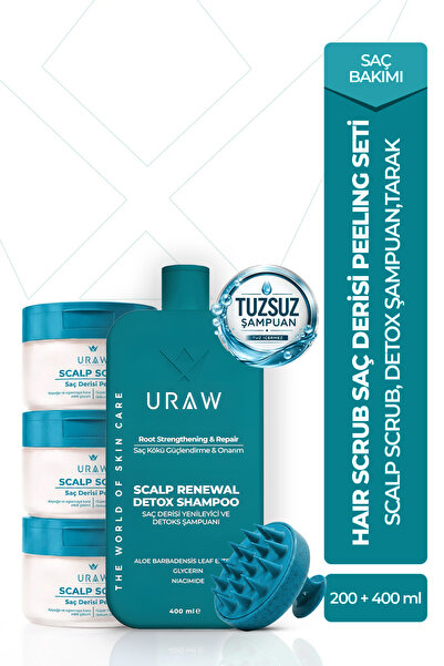 Uraw Hair Scrub Saç Derisi Peeling Seti | Scrub + Detox Şampuan + Tarak