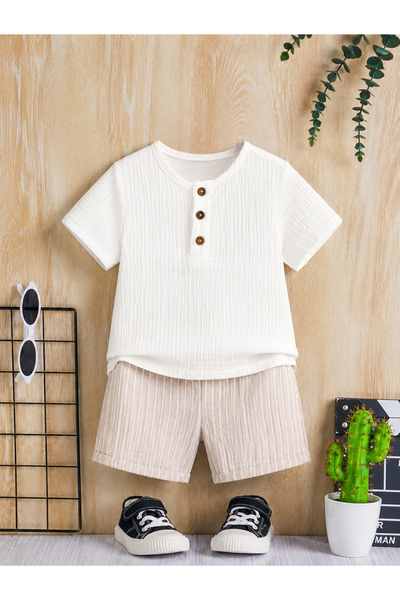 Bubito Unisex Bebek&Çocuk %100 Pamuklu Çizgili Düğmeli Müslin Şort Takım-Bej