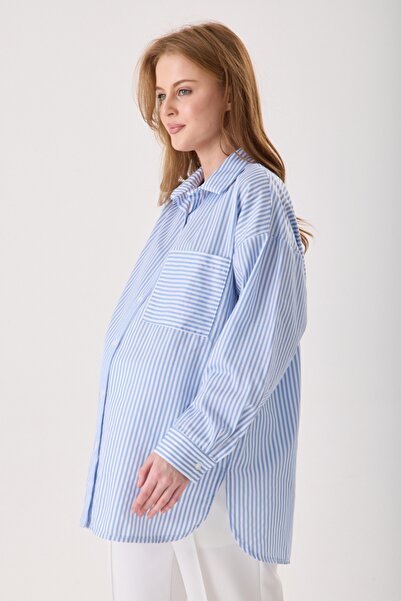 KATLİN MATERNİTY WEAR Hamile Oversize Kalıp Bebemavi Çizgili Gömlek, Tek cepl...