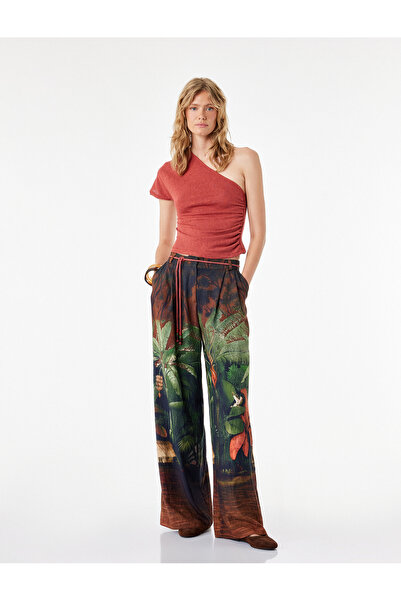 Koton Viscose Fabric Pocketed Pleated Wide-Leg Trousers with Tropical Landsca...