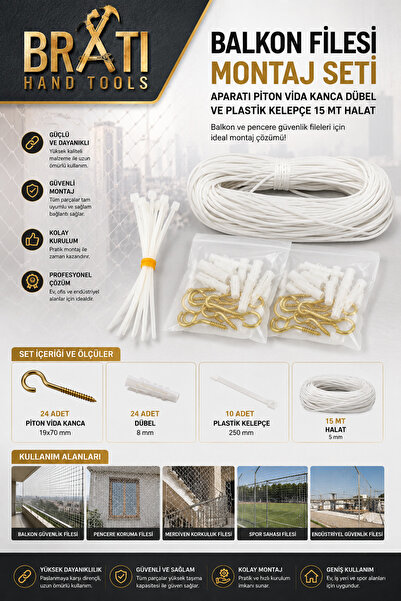BRATİ HAND TOOLS Balkon Filesi Montaj Seti Aparatı Piton Vida Kanca Dübel Ve ...