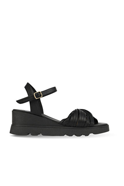 Bueno Shoes Sandale cu toc cu pană pentru femei din piele neagră 01wy8609