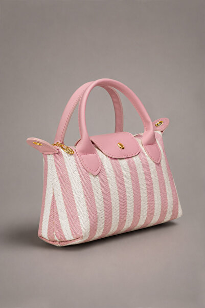 Housebags Pembe Çizgili Kanvas Çok Yönlü PU Deri Çapraz Askılı Çanta