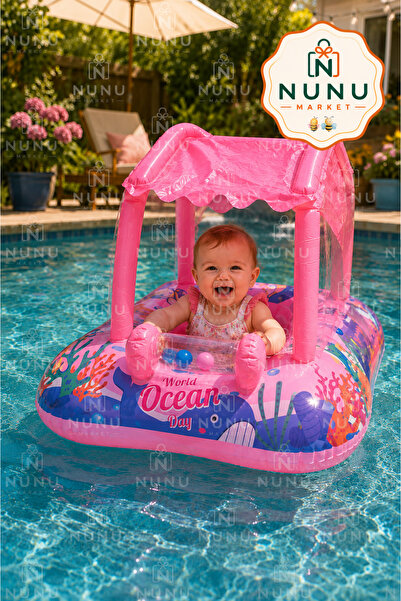 NUNU Gölgelikli Bebek Deniz Simidi Oturaklı Baby Float UV Korumalı – Mavi / P...