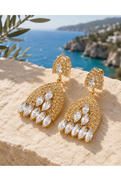 Shinestar atelier Gold Renk Zirkon Taşlı Büyük Damla Sallantılı Kadın Abiye Küpe