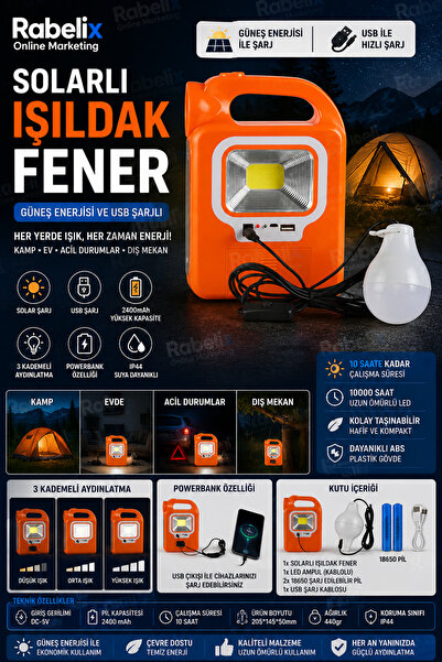 harry Şarjlı Güneş Enerjili 2.6 Mt Kablolu Ampullu Led Solar Powerbank Özelli...