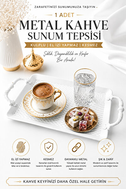 VENON BEYAZ ALARA Sunum Tepsisi Metal Tepsi İkramlık Kulplu Tepsi Servis Teps...