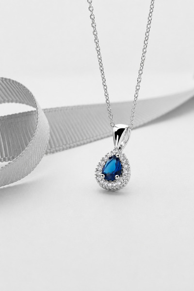 Siset Gümüş 925 Ayar Rodyum Kaplama Damla Montür Safir Taşlı Gümüş Kolye