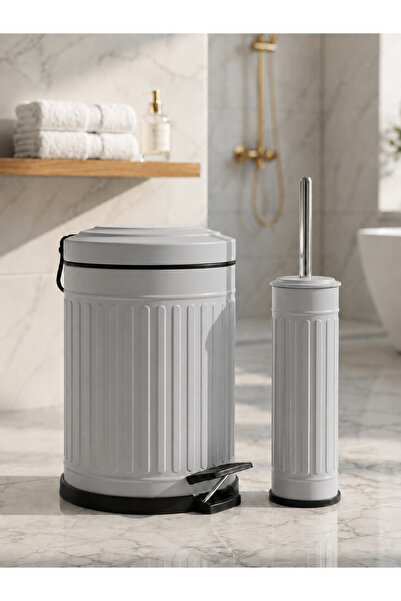 Yufira Life 5 Lt Çizgili Vintage Yavaş Kapanan Pedallı Gri Çöp Kovası ve WC F...
