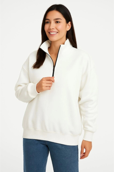 Generic Brand Three Thread Stand Collar Half Zipper Sweatshirt - White