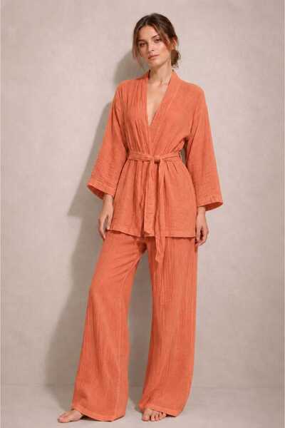 estewoman müslin %100 pamuk kimono&pantolon 2 li takım