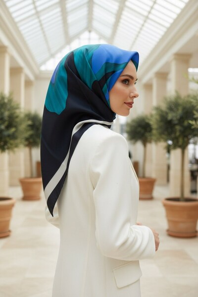 Vissona %100 Twill İpek Geometrik Desenli Petrol Yeşili - Saks Renkli 90x90 E...