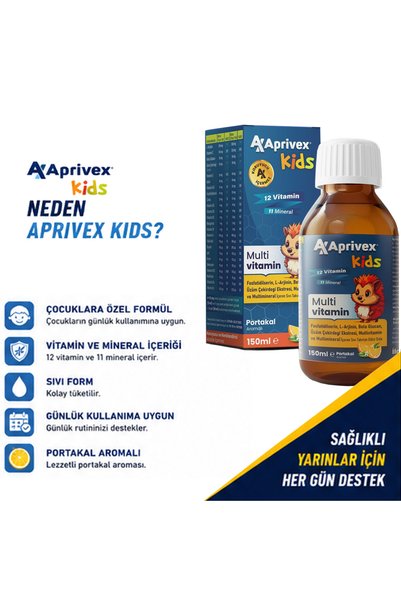 Aprivex Kids Multivitamin Syrup 150 ml – Liquid Supplement for Children Containing 12 Vitamins, 11 Minerals, L-Arginine and Beta Glucan, Orange Flavored