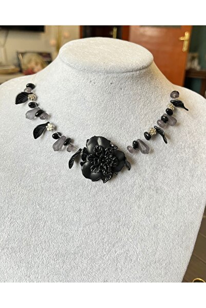 abeljewelry Vintage Siyah Çiçekli Gotik Kolye