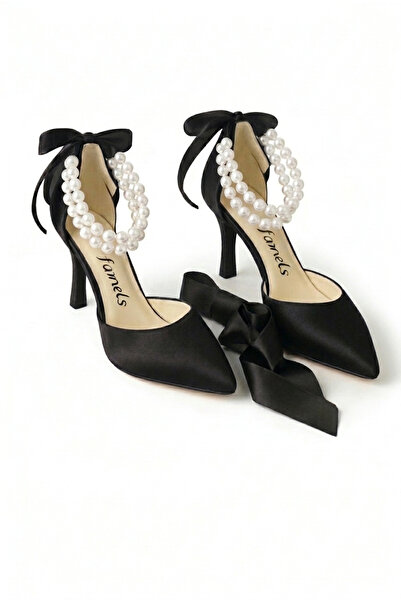 Famels Pantofi cu toc scurt, cu detalii duble de perle, din satin negru, pent...