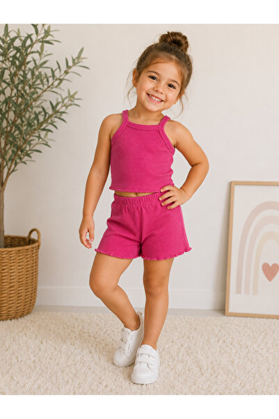 BAHNUR Pembe Fitilli Ribana Bebek Crop Takım Alt-üst Yazlık Şort Takım