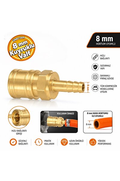 Asel Kompresör Hava Hortum Uçlu Kuyruklu Adaptör 8 mm