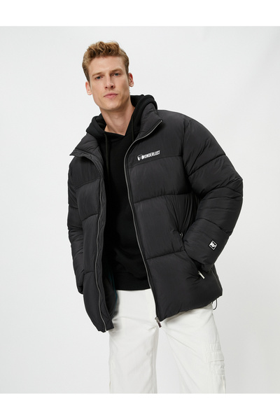 Koton Puffer Jacket Stand Collar Slogan Printed Zippered Pocket Detail