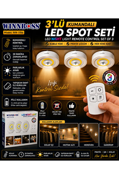 Marka LED Gece Lambası Seti 3’lü | Pilli Dolap İçi Aydınlatma | 30 Dakika Zam...