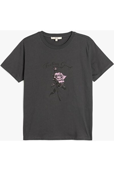 Koton Kısa Kollu Bisiklet Yaka Pamuklu Baskılı Antrasit Kadın T-Shirt 5SAK501...
