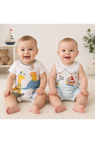 Ozz Baby YENİ DOĞAN ERKEK BEBEK YAZLIK 2 Lİ TULUM SETİ (3 AY /6 AY /9 AY )