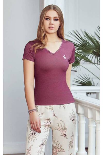 FIRST STYLE Soft Turkish Pajama Set in a Deep Burgundy Color with Delicate Pr...
