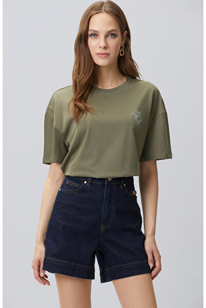 Network Haki Göğsü Taş ve Logolu Kısa Kol T-shirt