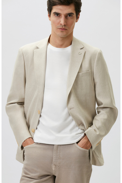 Network Slim Fit Bej Mono Yaka Jakarlı Dokuma Ceket