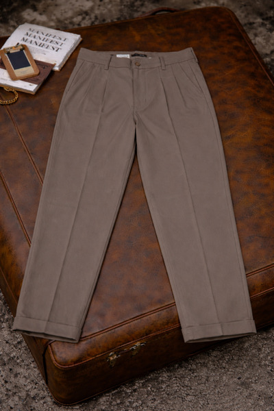 DAMGA JEANS Men's Casual Cotton Double-Legged Loose A-Coffee Fabric Trousers