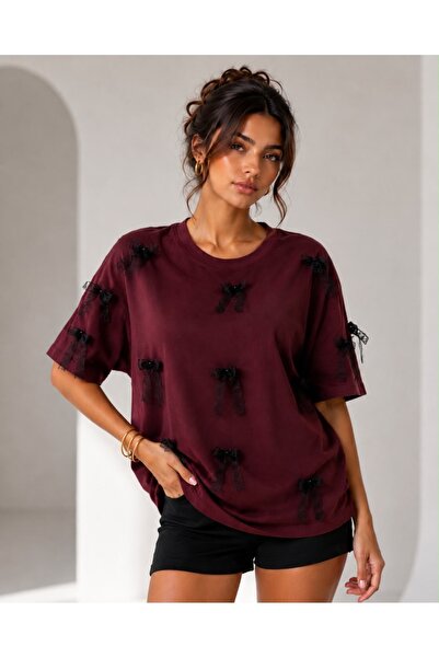OYERGA MODA Women's Bow Detailed 100% Cotton Basic T-Shirt