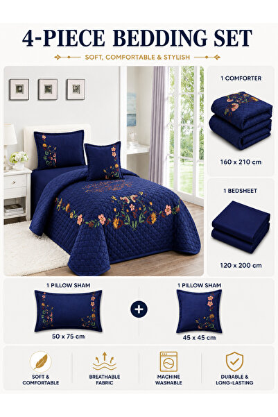 Generic Floral Compressed Comforter Set, 160 x 210 cm Twin Size Reversible 4 pcs Bedding Set, Multicolor