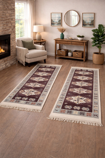 OEM Set de 2 covoare tradiționale, dimensiune 60 x 90 cm, maro și crem, con d...