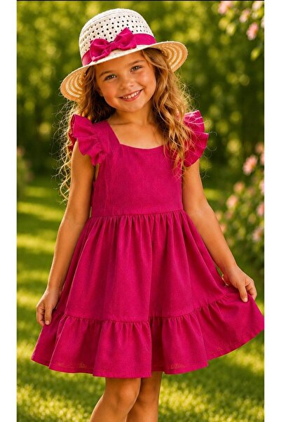KOZADANKIDS Kız Çocuk Fuşya Fırfır Kollu Şapkalı Yazlık Elbise Takımı