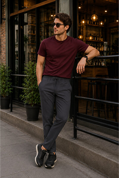 BRACCAS Erkek Antrasit Slim Fit Lastikli Bel Bağcıklı Jogger Pantolon