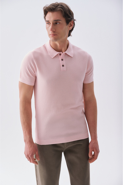 Mudo Men's Pink Buttoned Polo Collar Short Sleeve Knit Sweater