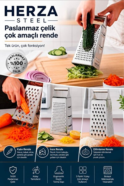 Herza House 4 Yönlü Büyük Boy Paslanmaz Çelik Rende Metal Saplı Rende