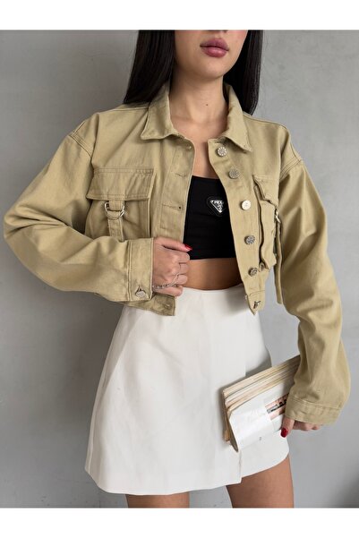 alanora Kadın Kargo Cep Detaylı Oversize Crop Denim Ceket