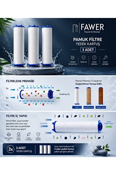 FAWER Faucet & Shower 3'lü Duş Başlığı Filtresi Kireç Önleyici Arıtıcı Filtre