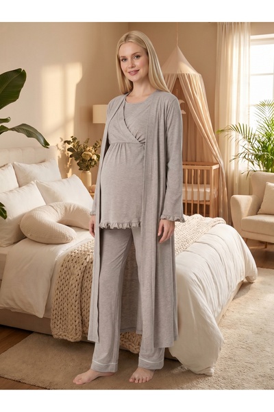 Lohusa Homewear Kadın Bej Gizli Emzirme Özellikli Zarif Uzun Kollu Lohusa Ham...
