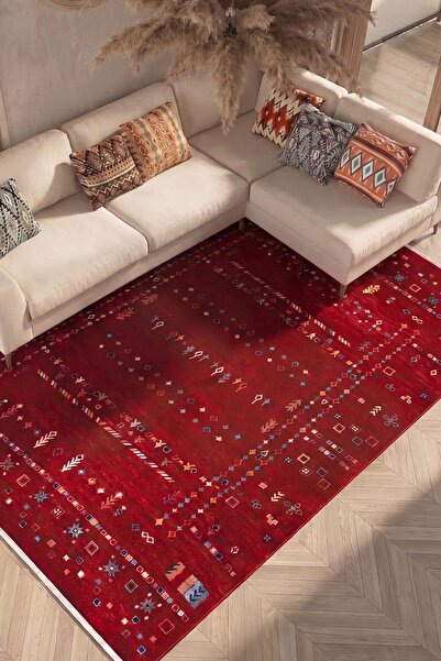 HalınıAl Ahlat 2303 Kırmızı Eskitme Desenli Salon Oturma Odası Halısı