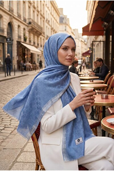 Vissona %57 İpek %43 Pamuk Momogram Dokumalı İndigo Renkli 70X190 Yumuşak Dök...