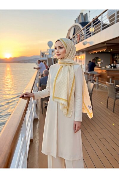 Vissona %57 İpek %43 Pamuk Monagram Dokumalı Krem- Sarı Renkli 70X190 Yumuşak...