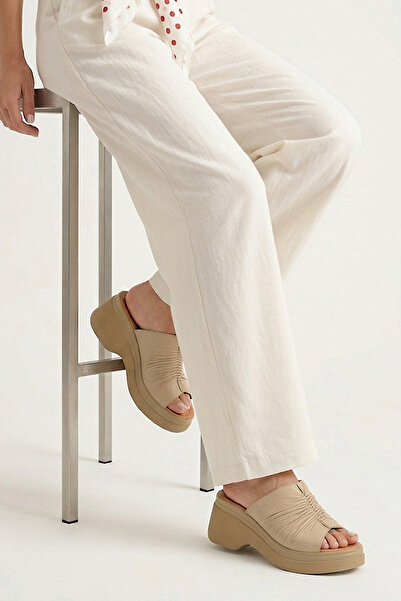 Ziya , Women's Genuine Leather Heeled Slippers 161992Z64023 Beige