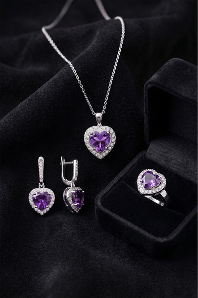 Roza Silver 925 Ayar Ametist Taşlı Rodyum Pırlanta Işıltılı Kalp 3'lü Gümüş S...