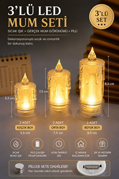 BRE HOME 3'lü Eriyen Mum Görünümlü Mini LED Pilli Mum Seti - Kristal Dokulu D...
