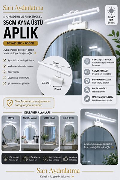 Sarı Aydınlatma 35cm Beyaz Kasa LED Tablo Ve Ayna Üstü Aplik Beyaz Işık Moder...