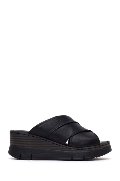 Derimod Women's Black Wedge Heeled Leather Comfort Slippers 26Sfd342118