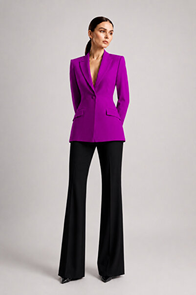 PEARL Bele Oturan Mor Blazer Ceket ve Siyah Yüksek Bel İspanyol Paça Pantolon...