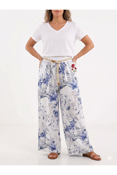 della moor Women's White Italian Floral Patterned Straw Belted Wide Leg Linen...